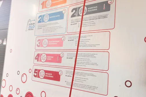 Uz sienas karājas mazgā&scaron;anas programmu plakāts ar sarkaniem burbuļiem apak&scaron;ā.