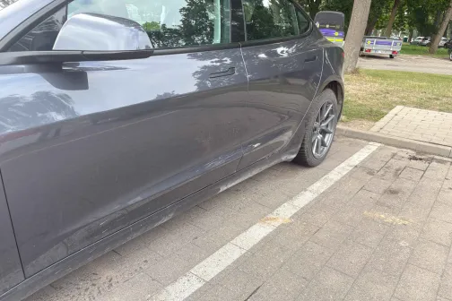 Pelēks automobilis stāvvietā pie kokiem.