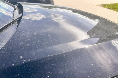 Netīrs automa&scaron;īnas pārsegs ar putekļiem un netīrumiem saulainā dienā.