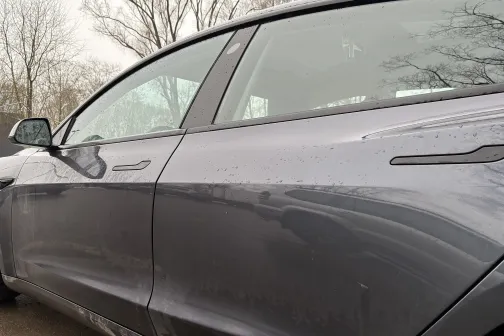 Pelēks auto ar lietus pilieniem uz durvīm, fona koki.