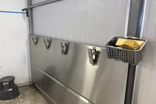 Metāla siena ar ziedlapiņu formām un grozu, kurā ir sūklis.