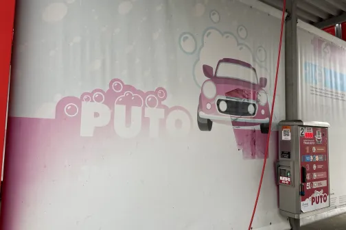 Mazgā&scaron;anas vietas siena ar PUTO zīmējumu un programmu paneli automazgātavā Jelgavā