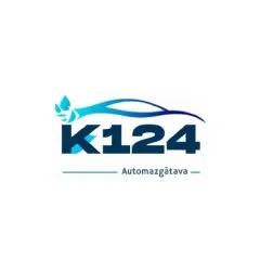 K124 automazgātavas logotips ar zilu automa&scaron;īnas siluetu.