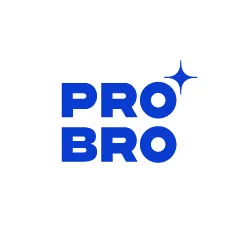 Pro Bro logo, zils teksts uz balta fona.