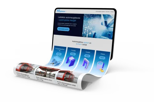 3D grafika, kur redzama tīmekļa lapa ar auto mazgā&scaron;anas attēliem.